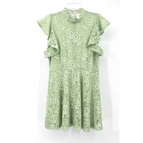 NEW ANTHROPOLOGIE MAEVE dress fit flare mini lace mock neck flutter mint LARGE - Picture 2 of 11
